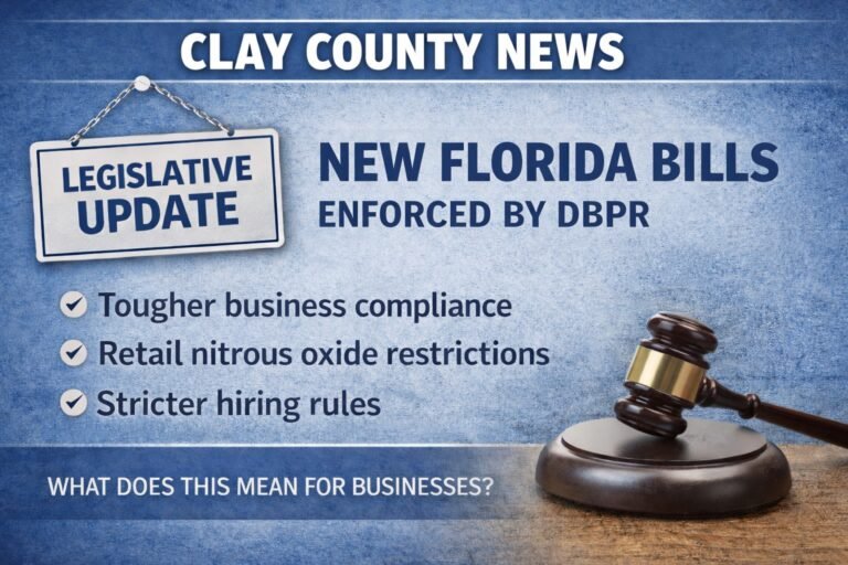 Clay County News graphic showing new Florida bills enforced by DBPR with key business compliance updates
