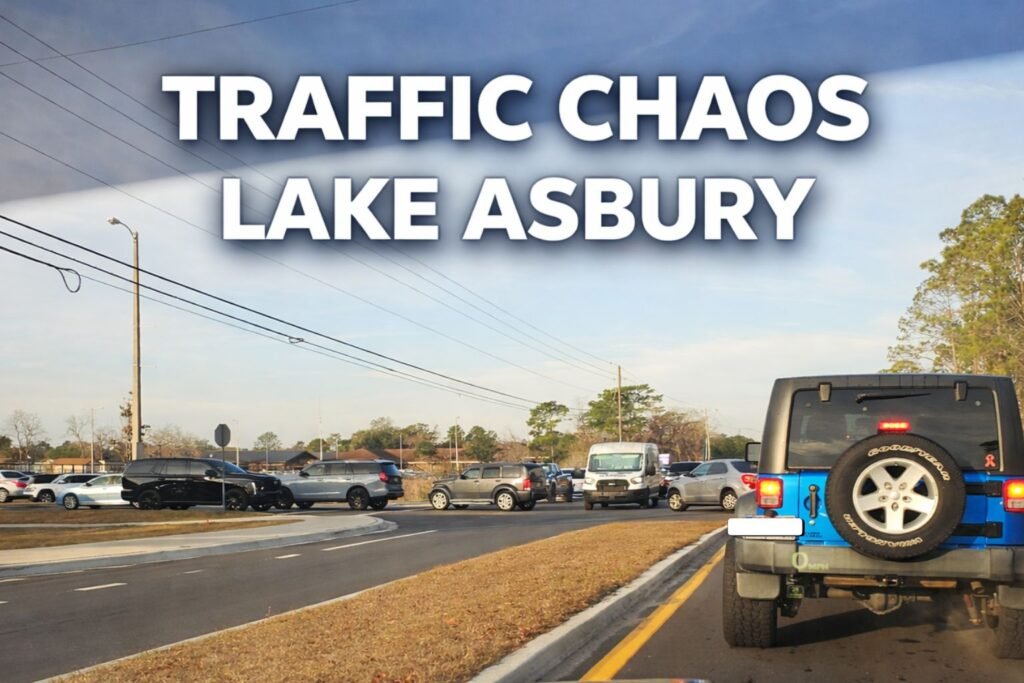 Traffic congestion in Lake Asbury during morning school drop-off hours