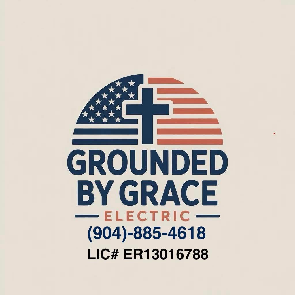 Grounded by Grace Electric logo featuring an American flag and cross design, with phone number (904) 885-4618 and license number ER13016788