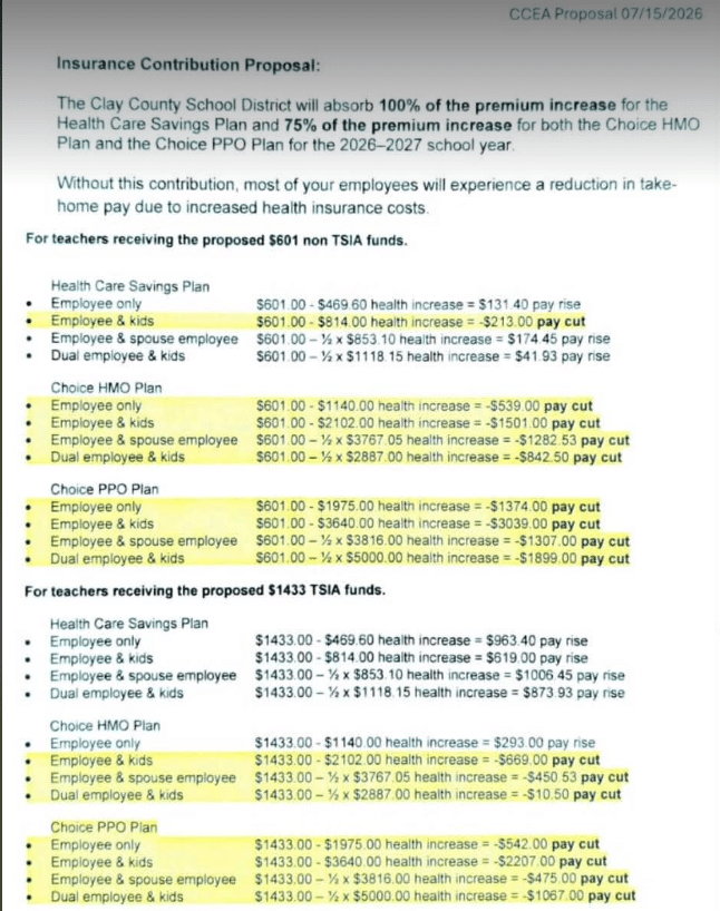 Clay County Education Association response proposal on teacher salaries and insurance
