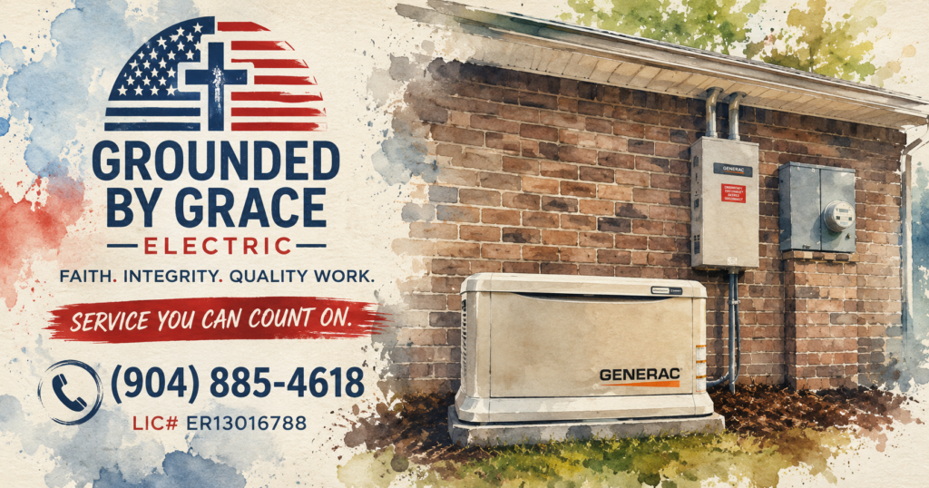 Grounded by Grace Electric promotional graphic featuring the company logo, the slogan 'Quality Work You Can Count On', and phone number (904) 885-4618, over a photo of a Generac standby generator installed beside a brick home
