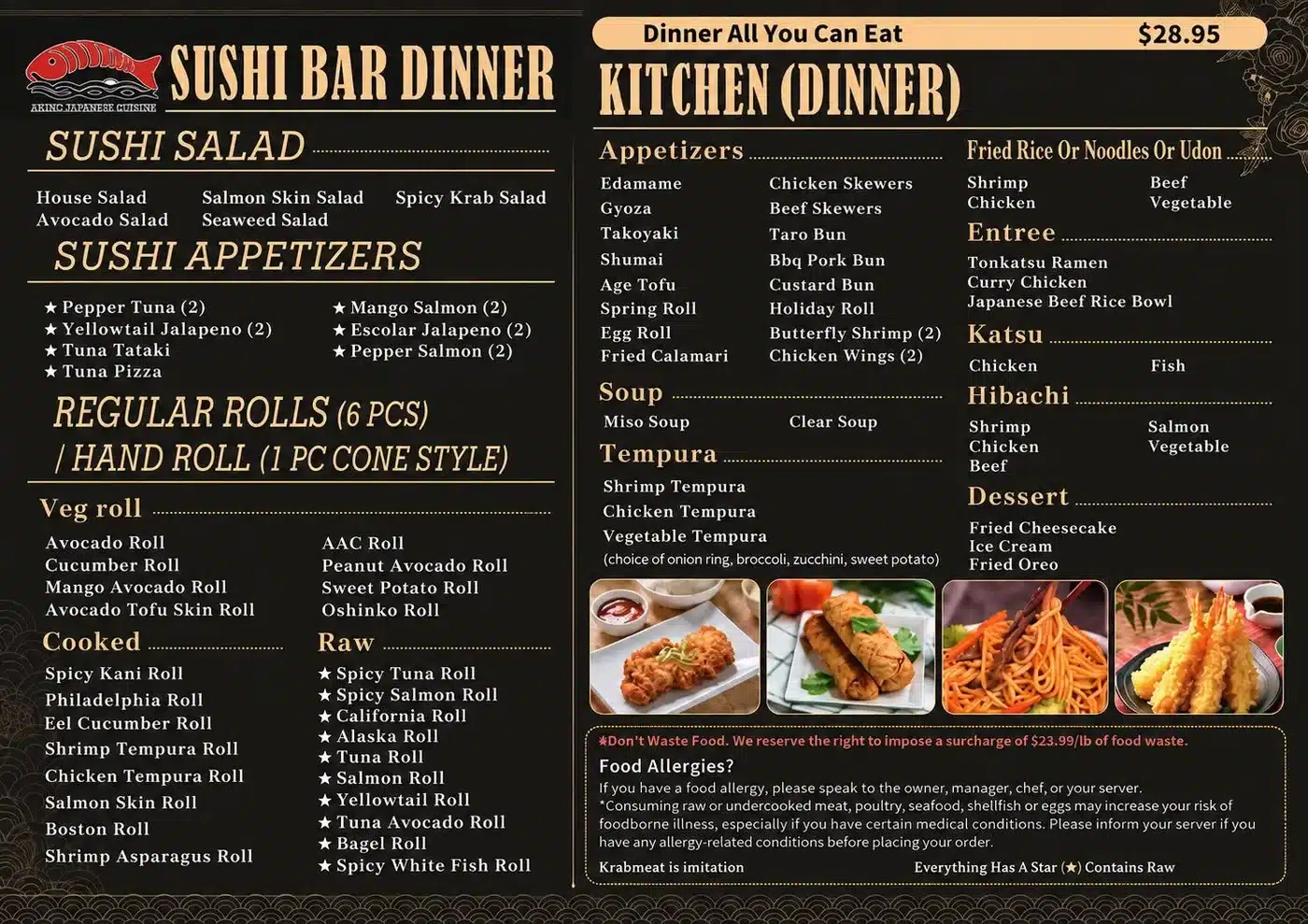 Akino Japanese Cuisine all-you-can-eat dinner menu with sushi, hibachi and kitchen items