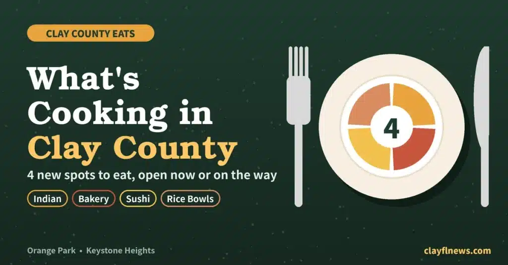 Graphic reading What's Cooking in Clay County, 4 new spots to eat, open now or on the way
