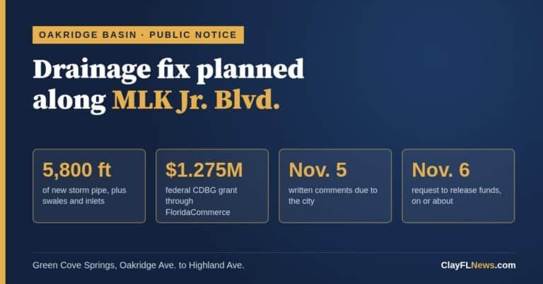 Graphic reading Drainage fix planned along MLK Jr. Blvd., with project facts: 5,800 feet of new storm pipe, $1.275 million federal CDBG grant, comments due Nov. 5, request to release funds on or about Nov. 6